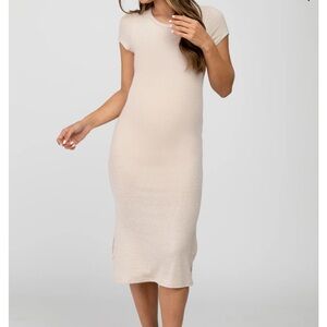 Beige Brushed Ribbed Maternity Midi Dress